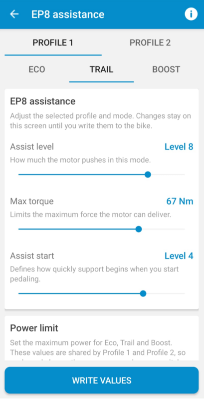Unterstützungseinstellungen in eTuning für Shimano STEPS EP800-Motor