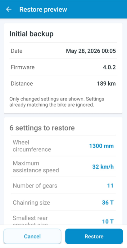 Wiederherstellungsansicht in der mobilen eTuning-App für Shimano STEPS-Cloud-Backups
