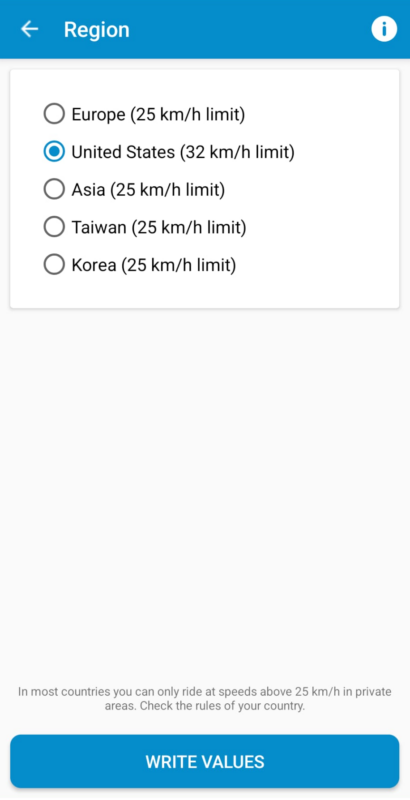 Geschwindigkeitskonfiguration über Region in der mobilen eTuning-App für ältere Shimano STEPS-Motoren