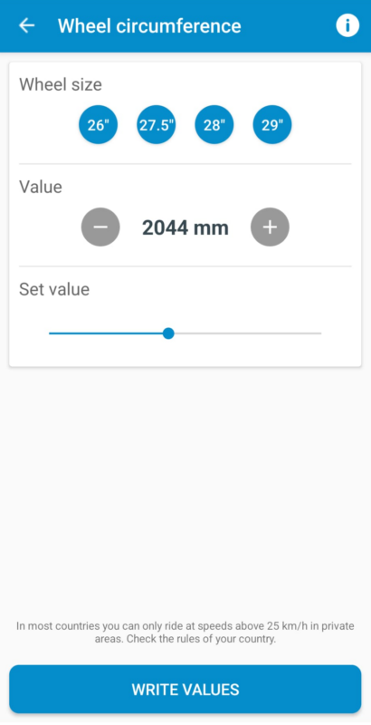 Geschwindigkeitskonfiguration über Radumfang in der mobilen eTuning-App für ältere Shimano STEPS-Motoren