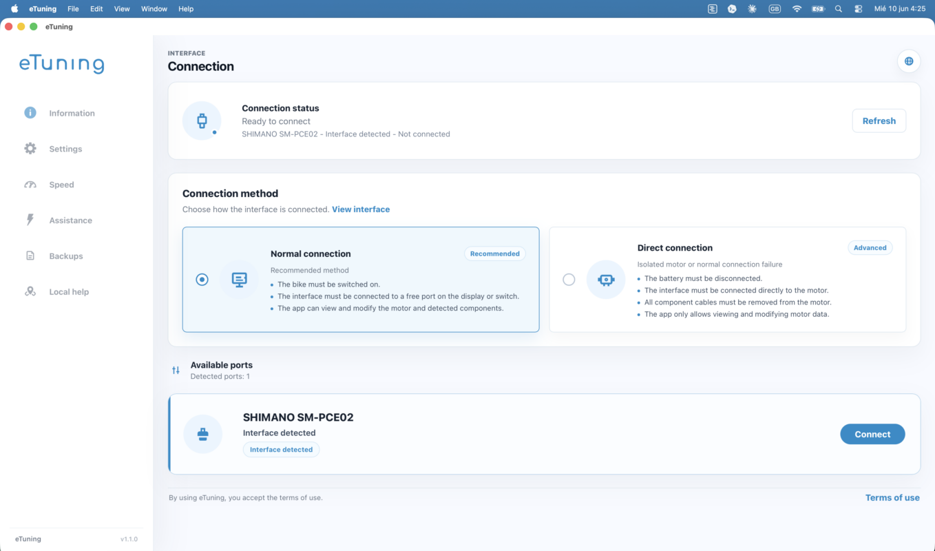 eTuning para Mac detectando una interfaz Shimano SM-PCE02 en macOS
