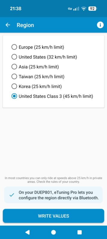 Cambio de región por Bluetooth con eTuning Pro en un DU-EP801. La pantalla muestra la opción USA Class 3 (45 km/h).