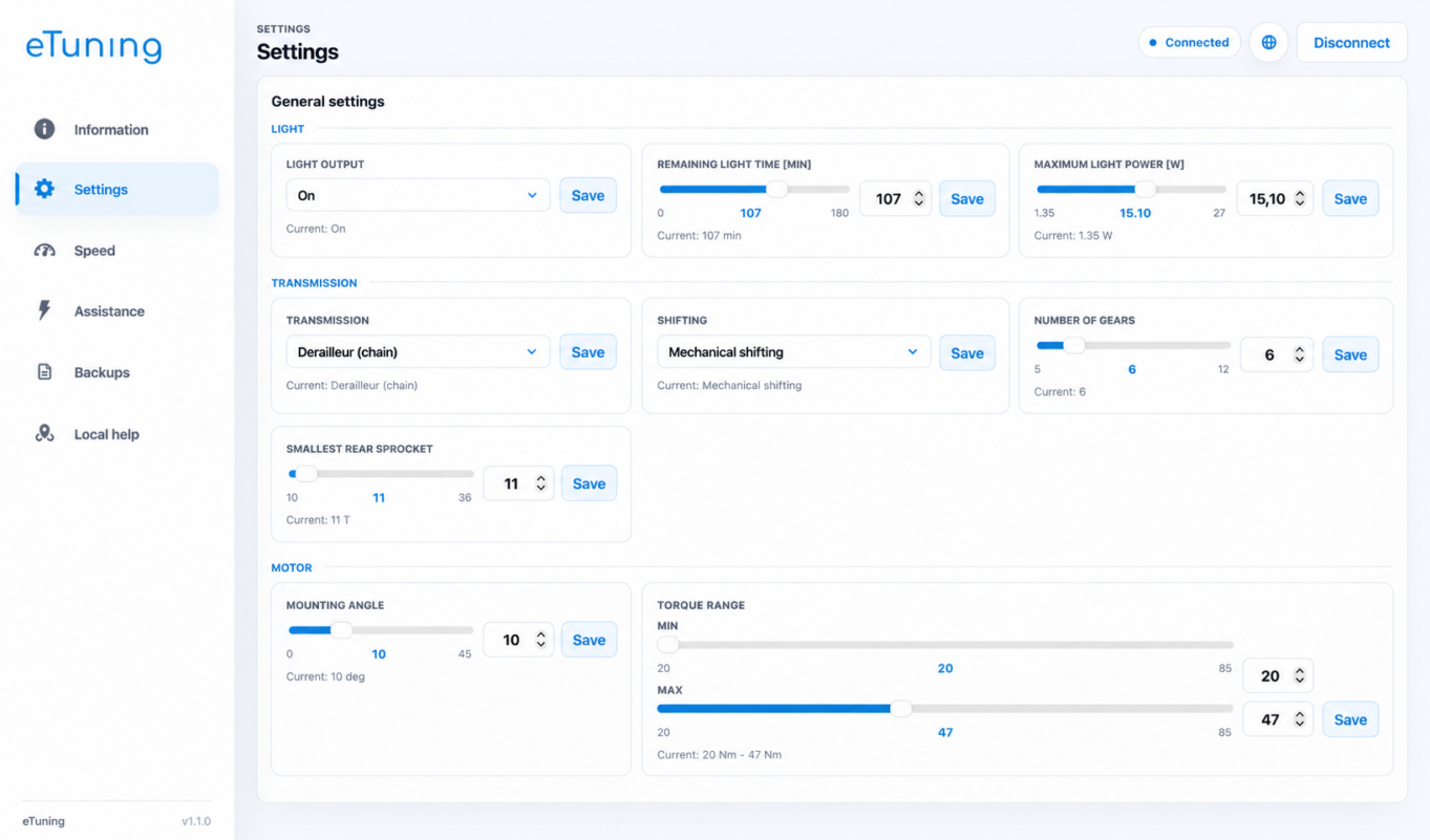 Ajustes de eTuning para Mac: transmisión, marchas, iluminación y ángulo de montaje del motor